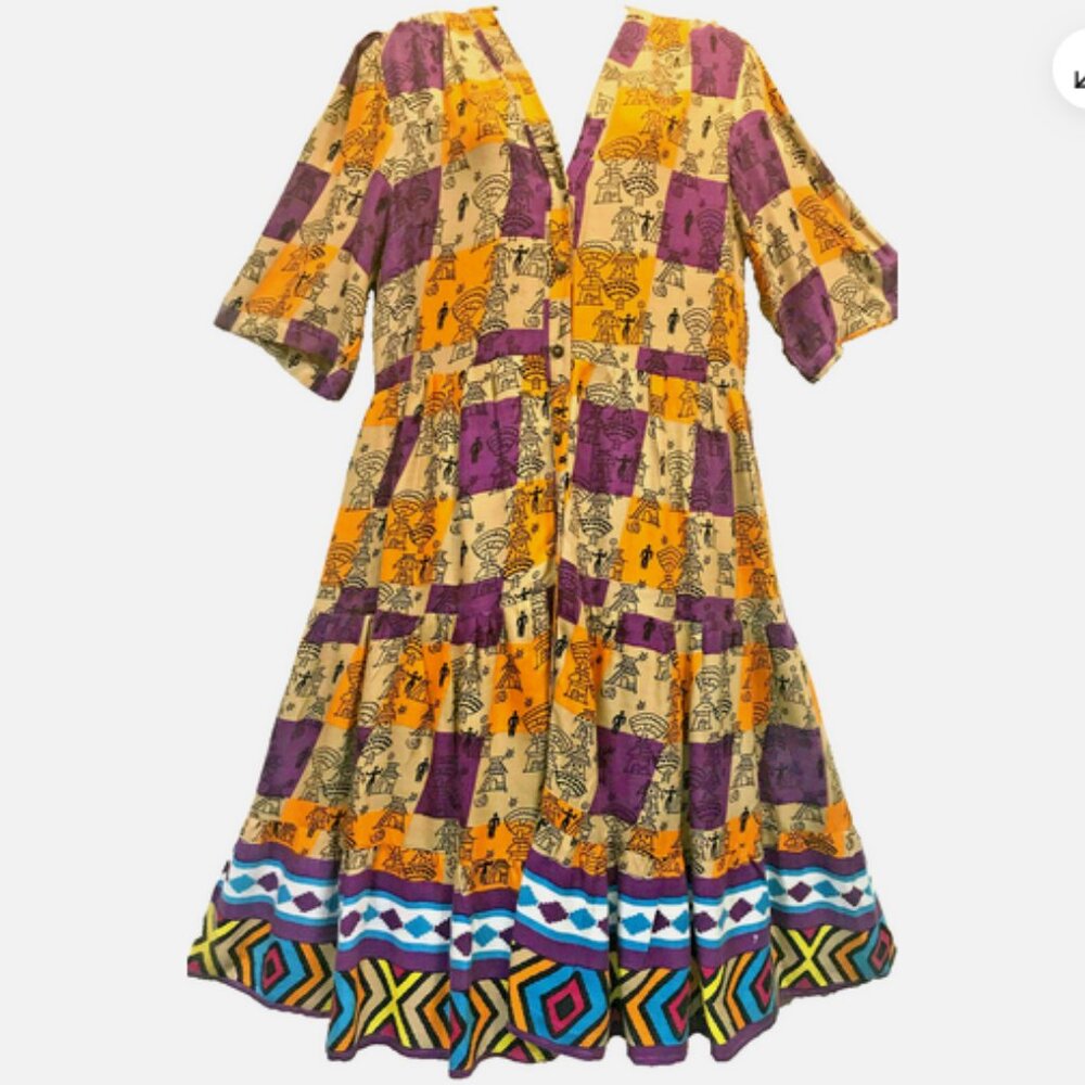Nwt SACRED THREADS boho buttonfront boho tiered rayon twill DRESS S/M